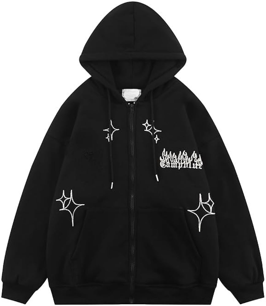 Y2K Hoodie Women Grunge Cross Stars Zip Up Sweatshirt Acubi Emo Oversized Hooded Jacket Harajuku Pullover Alt Clothing