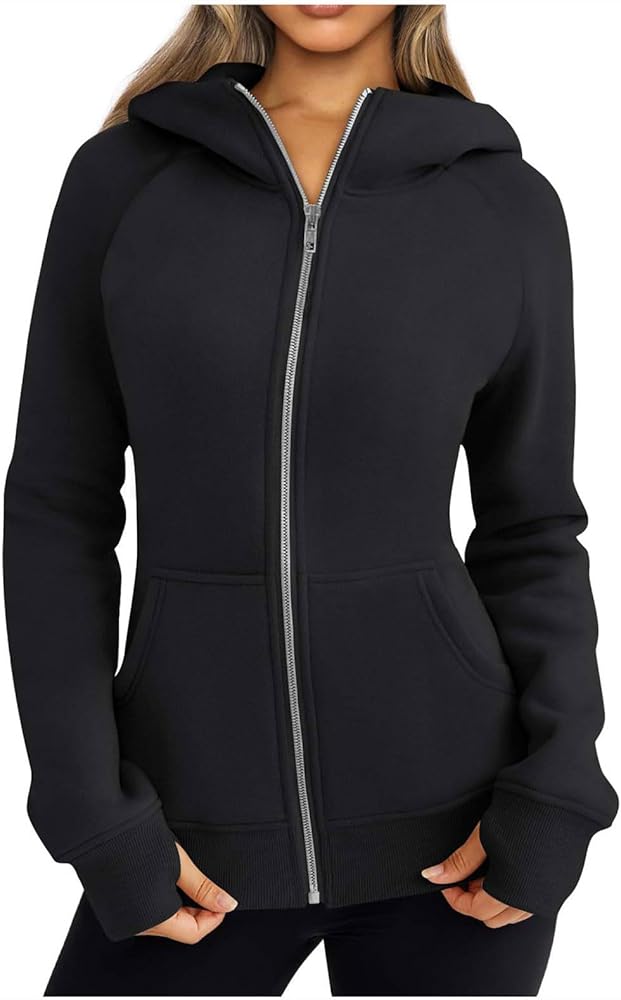 Lenago Hoodies for Women Zip Up Fleece Hooded Jackets Sweatshirts Fall Outfits Sweaters Pockets Winter Y2k Clothes Thumb Hole