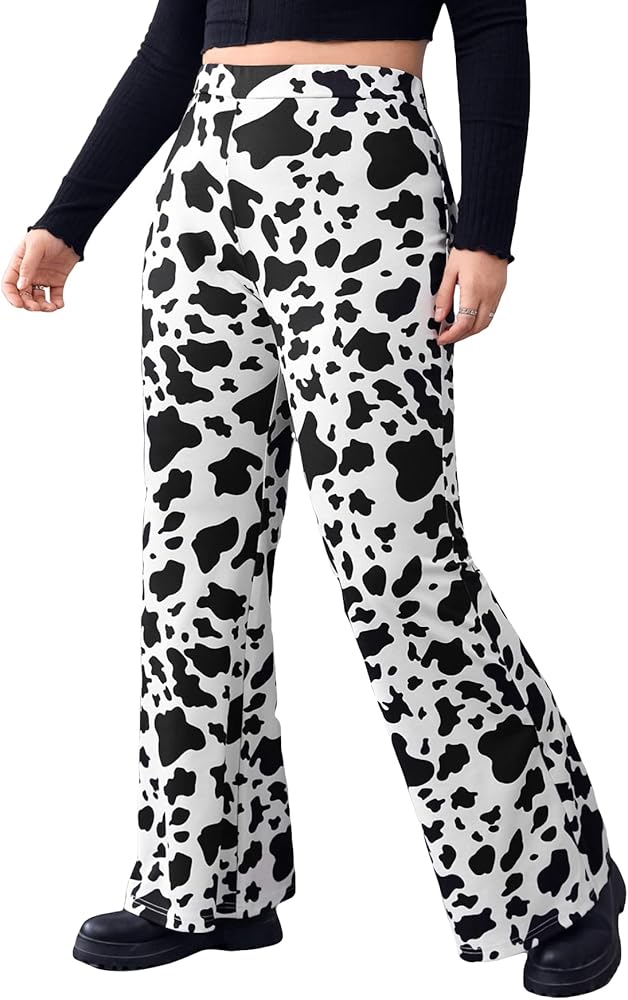 WDIRARA Women's Plus Size Cow Print Flare Leg High Waisted Casual Pants