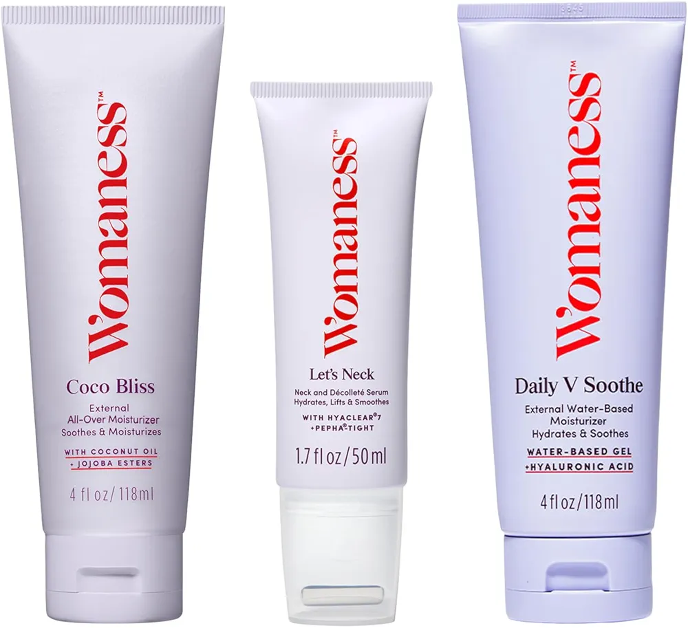 Womaness Menopause Bundle - Coco Bliss, External Coconut Oil-Based Hydrator (4oz) + Daily V Soothe, External Water-Based Hydrator (4oz) + Let's Neck, Firming Serum (1.7 Fl Oz) - 3 Products