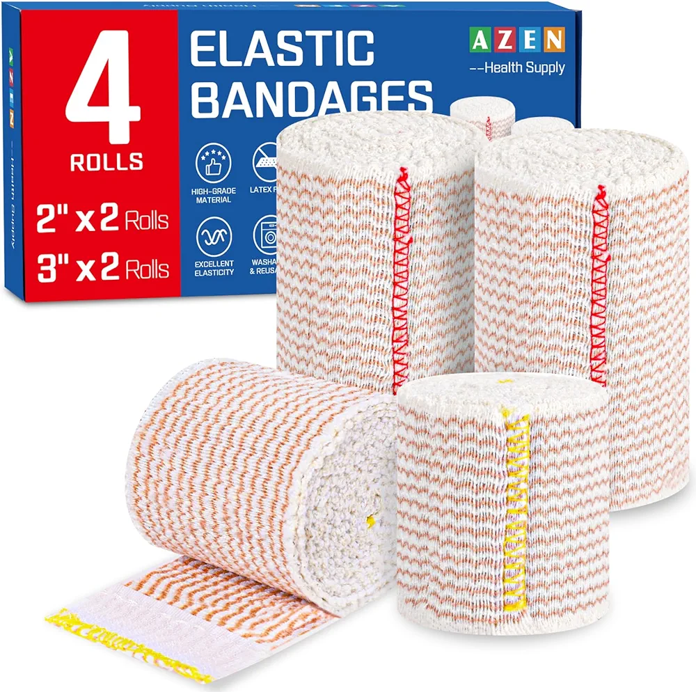 AZEN Premium 4 Pack Elastic Bandage Wrap (2x2", 2x3"), Compression Wrap Bandage for Legs, Ankle, Knee, Tummy, Body, Latex-Free, Lymphedema Wraps for Legs