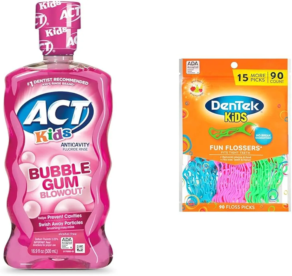 ACT Kids Anticavity Fluoride Rinse for Bad Breath Treatment, Bubble Gum Blowout, 16.9 fl. oz. & DenTek Kids Fun Flossers, Wild Fruit, 90 Count