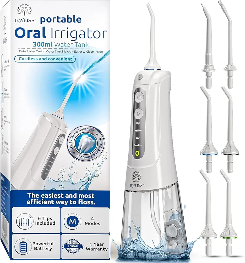 Water Flosser Cordless Pick for Teeth, 4 Modes, Gentle on Gums, Removes Plaque & Food Particles, B. WEISS High-Power, Rechargeable & Waterproof Oral Irrigator; 6 Tips Included, Porcelain White