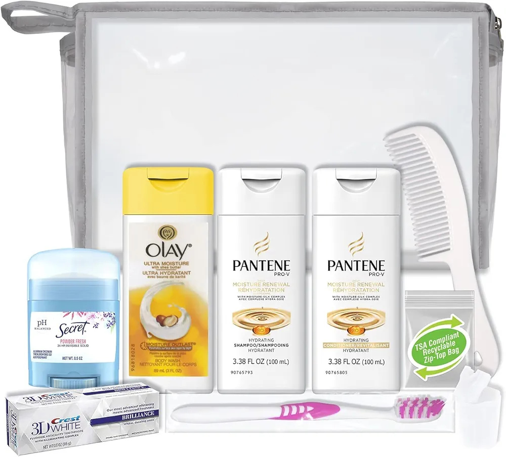 Convenience Kits International Women's 10-Piece Deluxe Kit with Travel Size TSA Compliant Essentials, Featuring: Pantene Hair Products in Reusable Toiletry Bag - Clear color