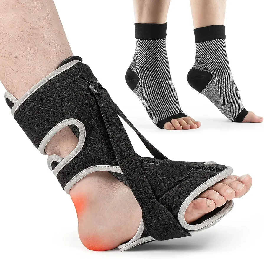 Plantar Fasciitis Night Splint, 2024 Upgraded Adjustable Plantar Fasciitis Relief Night Splint + Sock for Plantar Fasciitis, Achilles Tendonitis and Foot Drop for Women and Men (Black Gray)