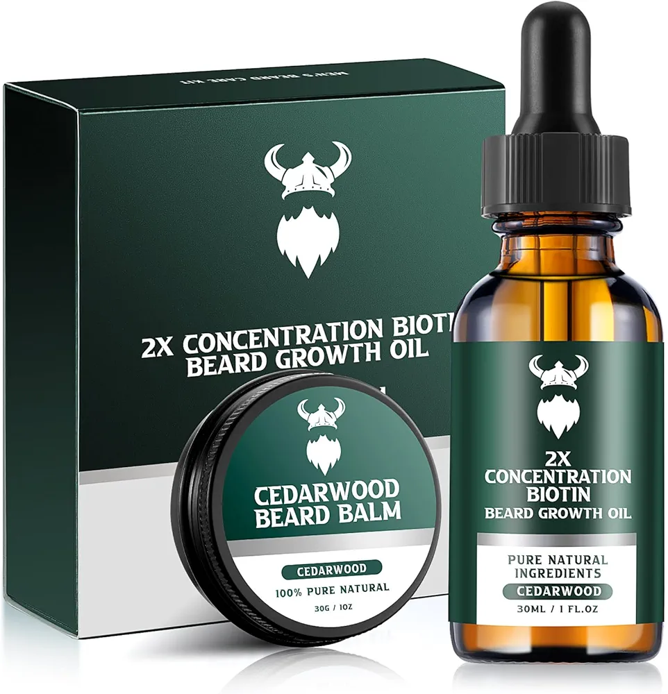 Beard Growth Kit - 2X Concentration Biotin for Men, Natural Argan, Jojoba Oils and Vitamins (Cedarwood)