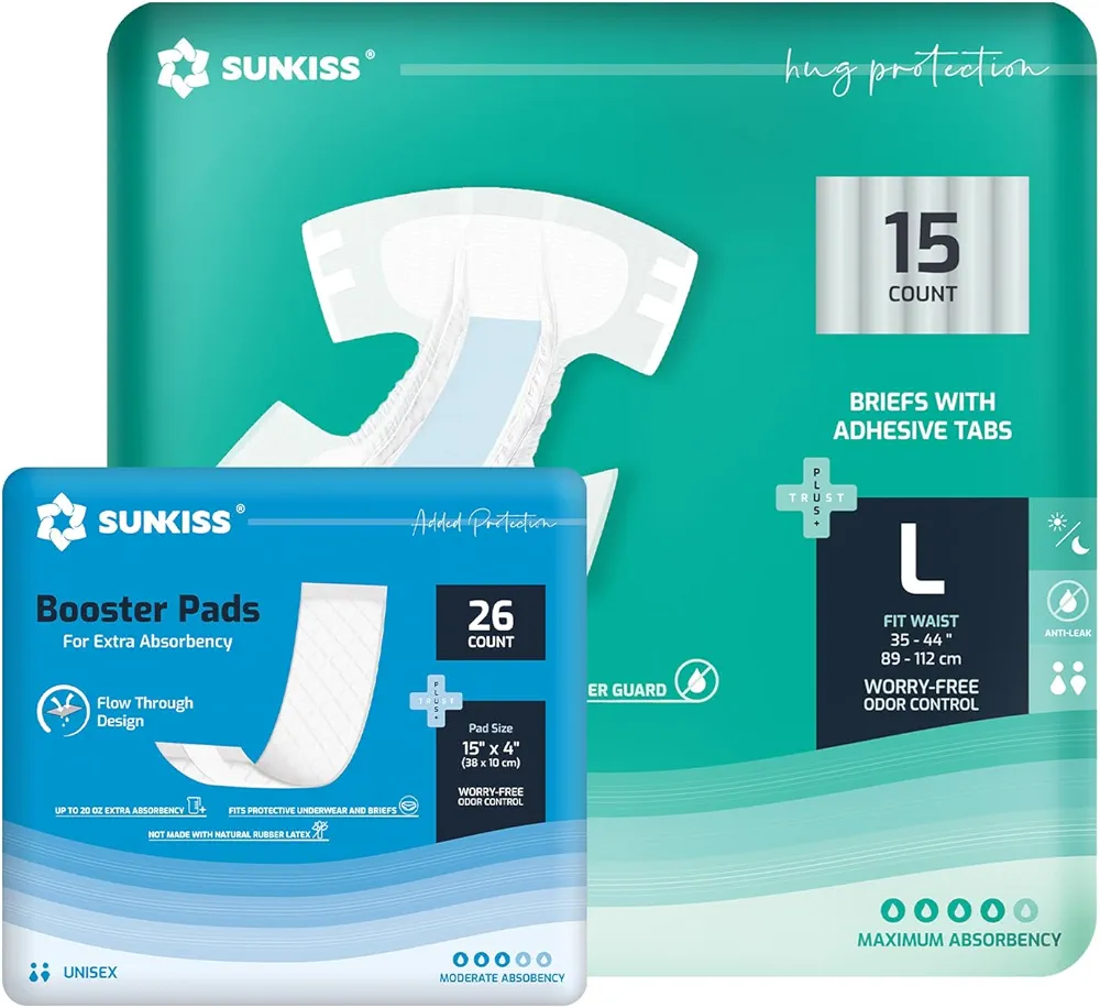 SUNKISS TrustPlus Adult Diapers Large 15 Count & Booster Pads 15" x 4" 26 Count Bundle - Leak Protection, Odor Control, Super Absorbency