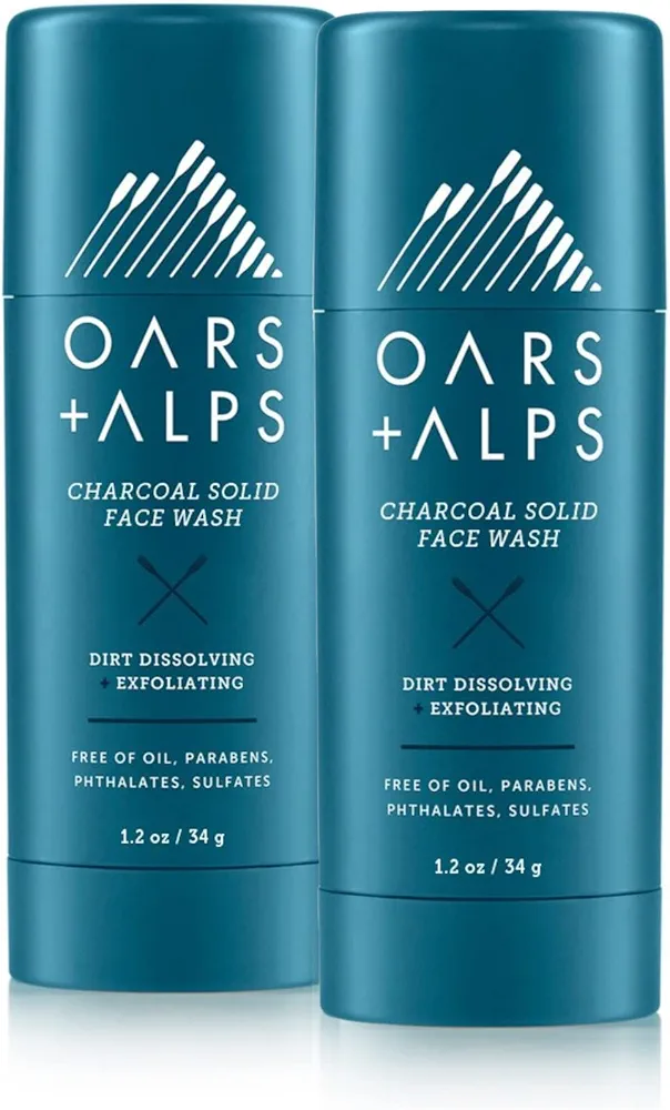 Oars + Alps Face Wash with Activated Charcoal, Dermatologist Tested Exfoliating Facial Cleanser, TSA Friendly, 1.4 Oz, 2 Pack