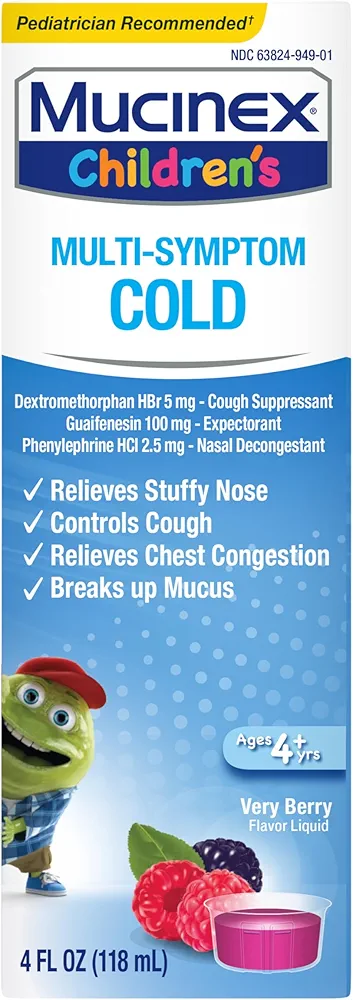 Mucinex Children's Multi-Symptom Cold Medicine, Kids Cough Medicine, Mucinex Kids Medicine/Decongestant with Dextromethorphan HBr, Guaifenesin, Phenylephrine HCl, Very Berry Flavor Liquid, 4 Fl Oz