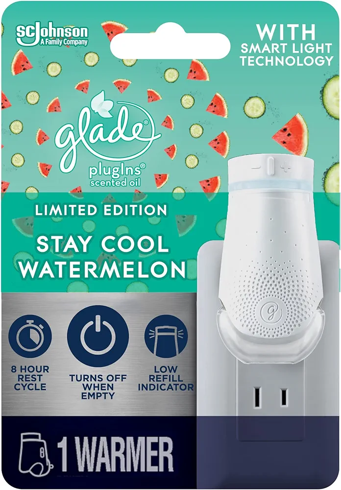 Glade PlugIn Plus Air Freshener Starter Kit, Scented Oil for Home and Bathroom, Stay Cool Watermelon, 0.67 Fl Oz, 1 Warmer + 1 Refill