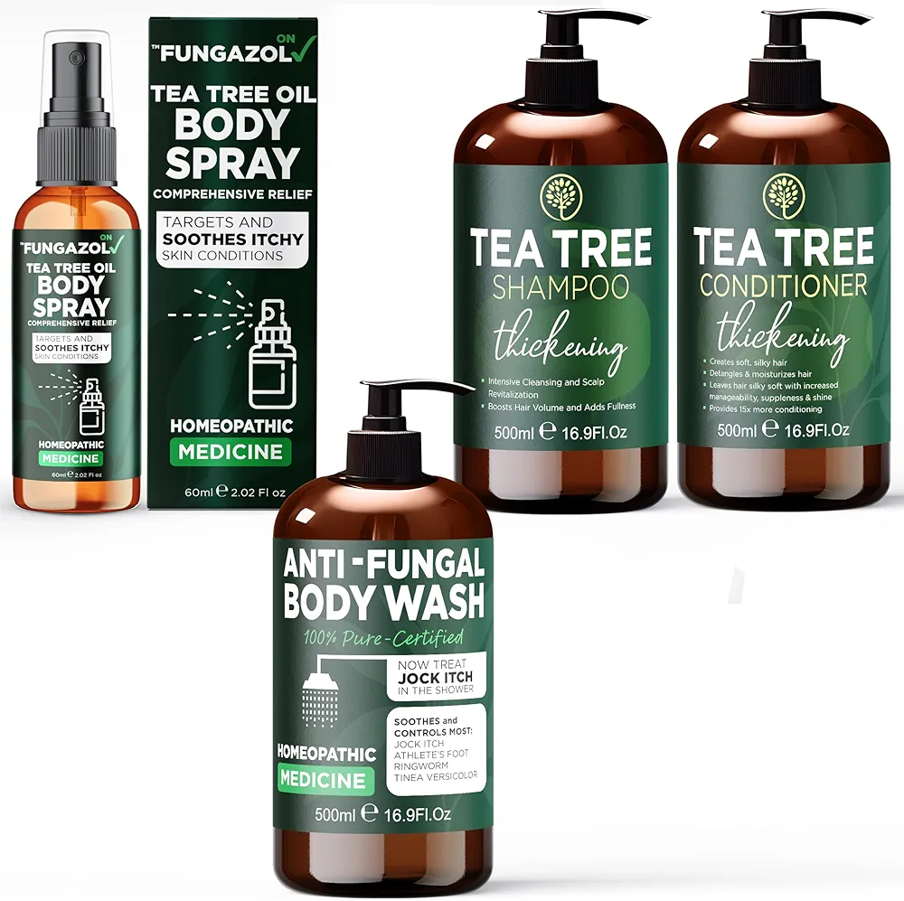 16.9 oz Tea Tree Antifungal Antibacterial Soap & Body Wash | Ringworm, Back Acne, Athlete's Foot, Tinea Versicolor, Nail Fungus, Eczema & Jock Itch Treatment + Shampoo & Conditioner + Spray for Body