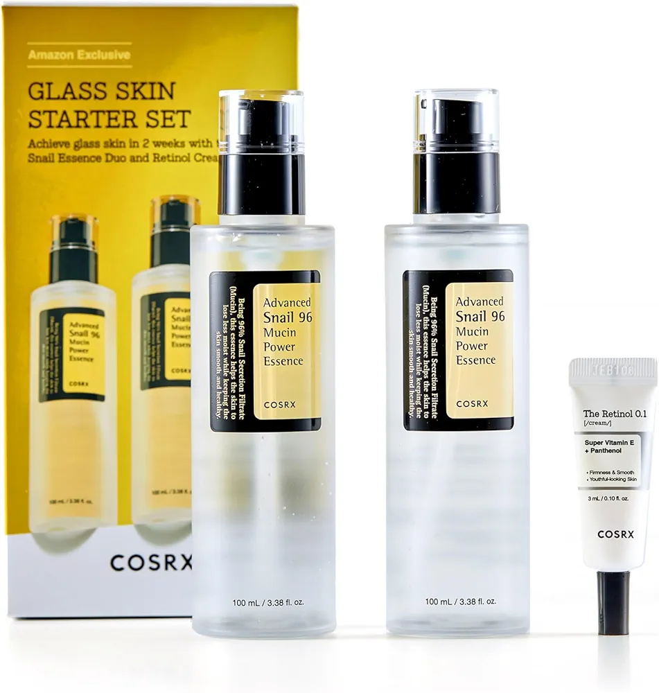 COSRX Glass Skin Korean Skincare Set- Advanced 96% Snail Mucin Serum (3.38fl oz * 2pcs) & Mini Sized 0.1% Retinol Cream for Face (0.1oz)- Korean Skin Care Gift Set, Anti Aging Set