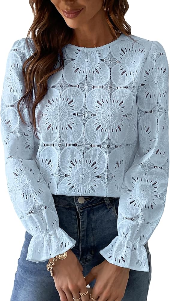 CUPSHE Women Eyelet Long Sleeve Tops Shirts Dressy Hollow Out Crochet Lace Embroidered Blouses