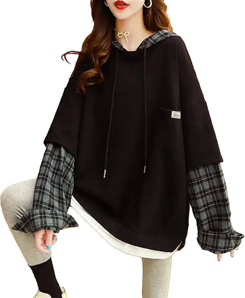 Cute Hoodies Sweatshirt Womens Clothes Large Size Women's Loose Korean Version Fake Two-Piece Sweater Women's Top (Color : Black, Size : Medium)