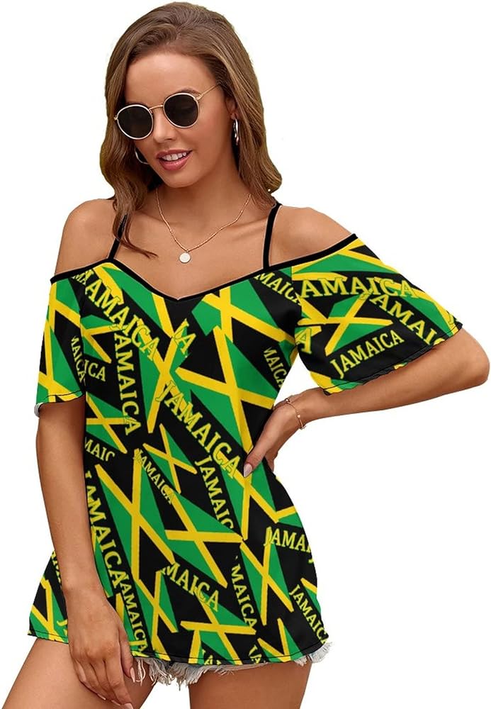 Jamaican Flag Women's Cold Shoulder T Shirts Short Sleeve Shirt Tee Blouses Tops Short Dress