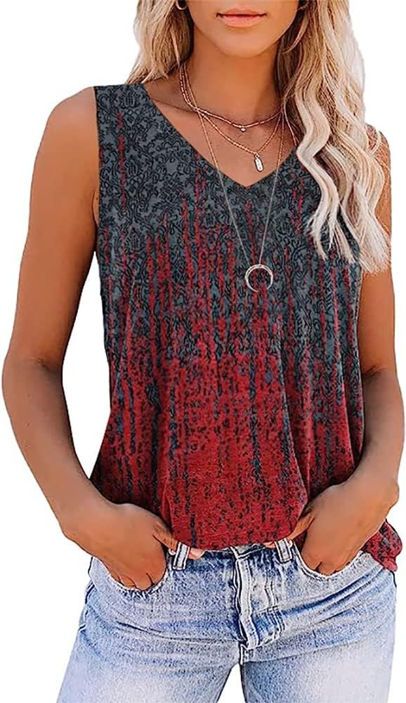 Summer Tops for Women Sleeveless V Neck Tshirt Loose Fit Casual Tank Tunic Blouse