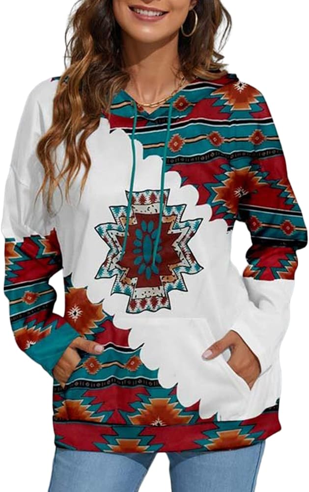 Lanaoree Women's Western Ethnic Style Print Aztec Hoodie Pullover Cowgirl Rhombus Printed Hooded Sweatshirt