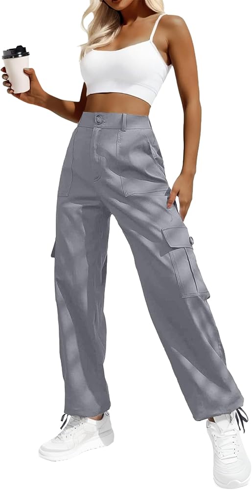 Lepunuo Women's High Waisted Cargo Pants Travel Y2K Streetwear Baggy Stretchy Pants with 6 Pockets Drawstring Ankle Cuffs