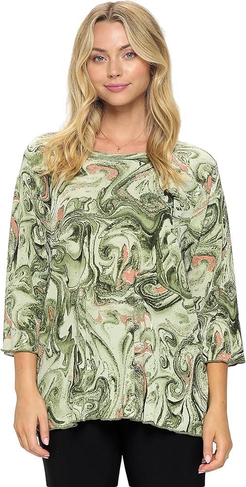 Jostar Women's Plus Size T Shirt - 3/4 Sleeve Merrow Hem Round Neck Stretch Printed Casual Top Blouse 1058BN-QXP1-W404-OLV 3XL