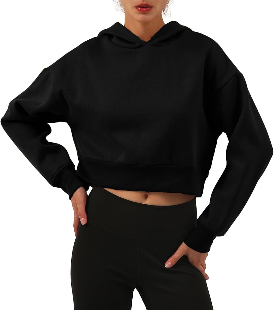 Amazhiyu Women’s Fleece Cropped Hoodies Casual Long Sleeve Pullover Crop Tops