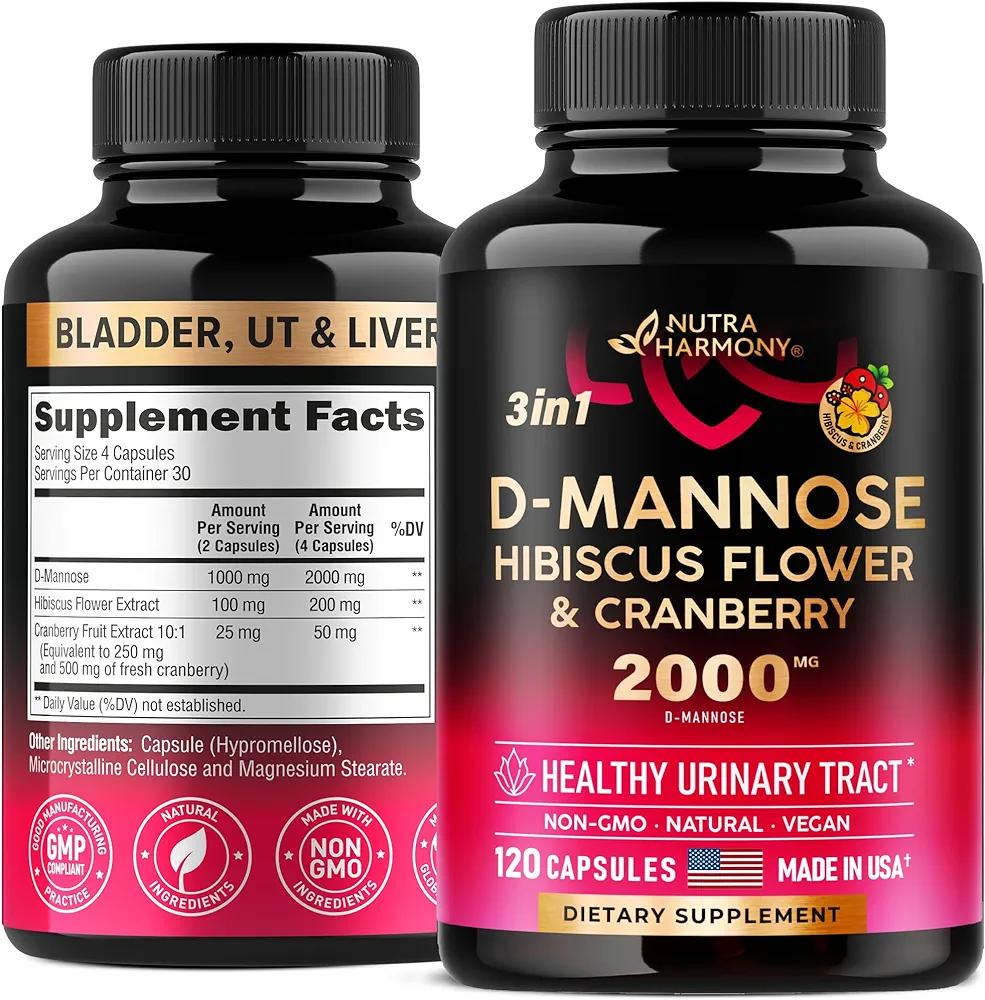 D-Mannose 2000mg Capsules - 3-in-1 Urinary Tract Health Supplement - Natural Bladder, Liver & Digestive Support with Cranberry & Hibiscus Flower - Made in USA - for Women & Men - 120 Vegan Pills