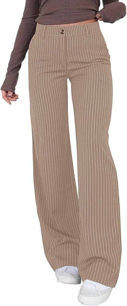 NIMIN High Waisted Striped Pants for Women Straight Leg Business Casual Pants Trousers with Pockets