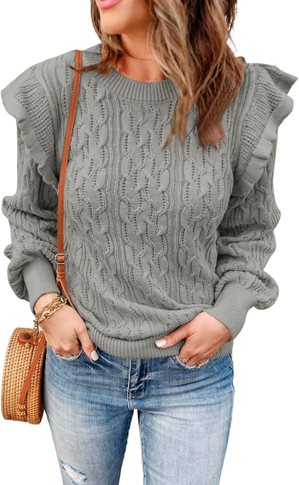 EVALESS Womens Crewneck Sweaters Textured Ruffled Pullover Loose Chunky Knit Jumper Sweater Tops