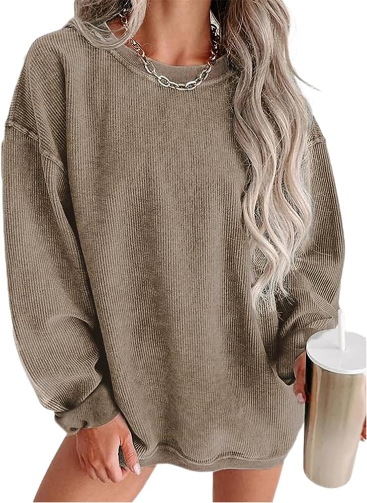 Womens Crewneck Oversized Corduroy Corded Sweatshirt Casual Long Sleeve Trendy Pullover Comfy Tops