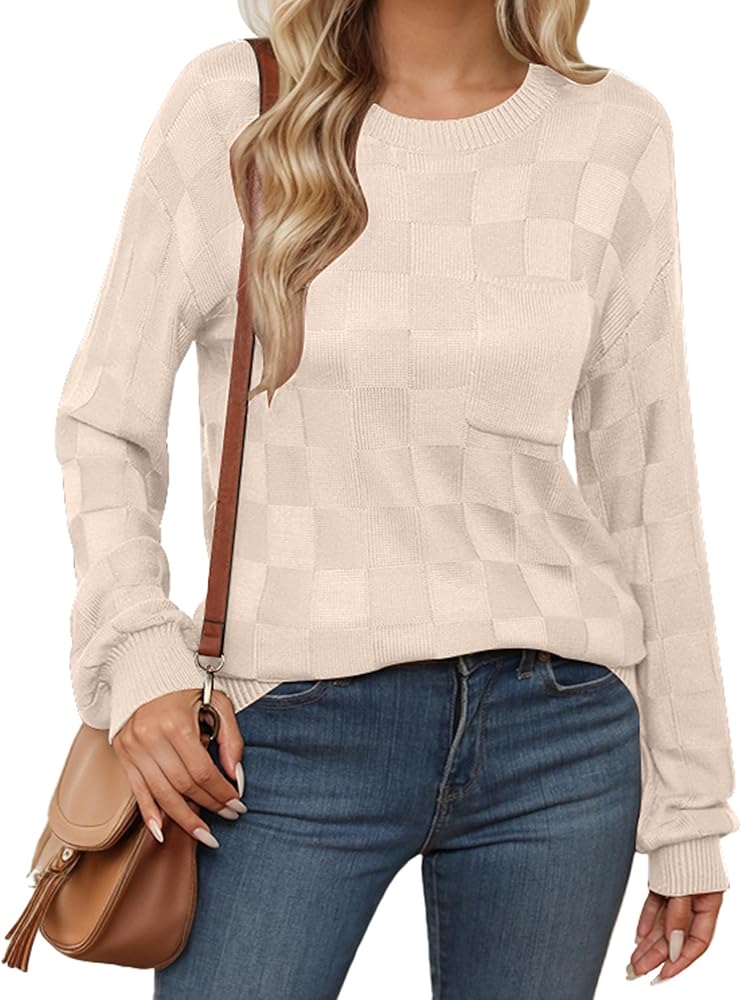 Womens Sweater Casual Long Lantern Sleeve Lattice Texture Knit Pullover Loose Lightweight Tops Fall 2024