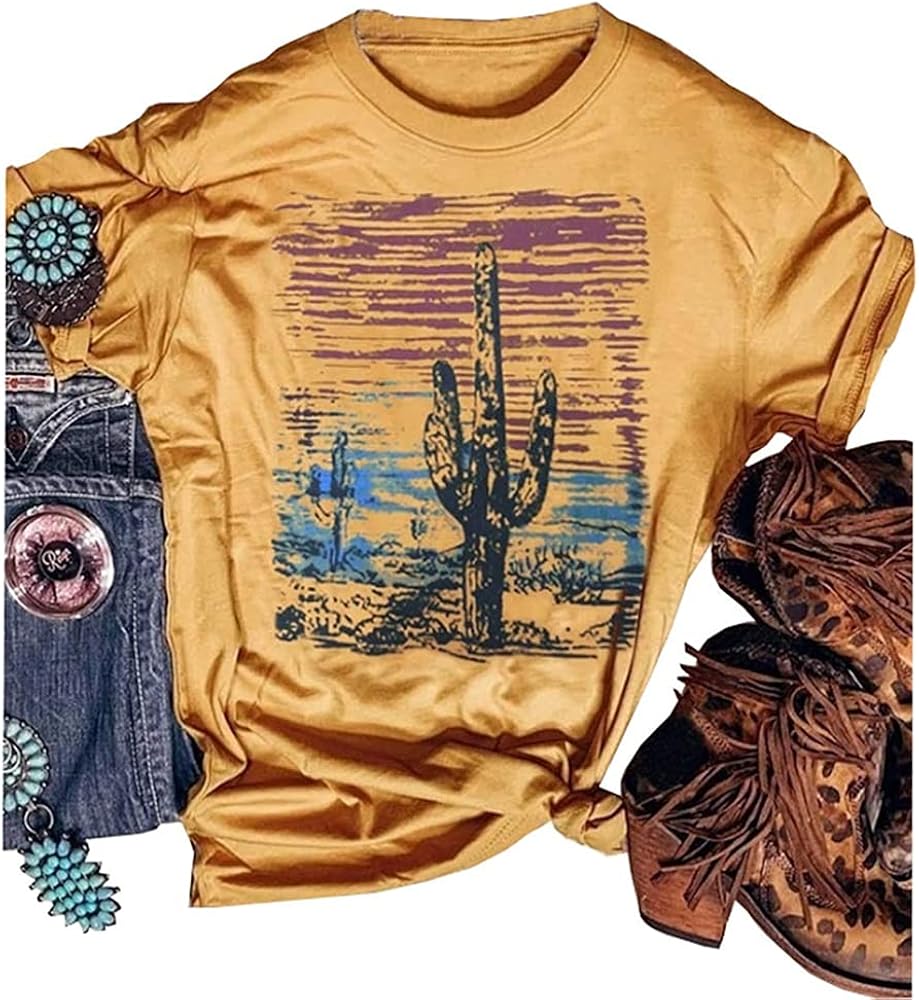 Women Western Desert Cactus T-Shirt Vintage Retro Sunset Cactus Graphic Shirt Cowgirl Casual Blouse Tops Tees