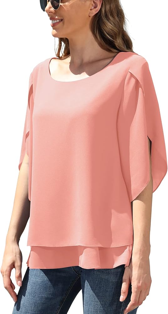 Jouica Women's Fall 3/4 Sleeve Tops Lined Flowy Chiffon Blouse Scoop Neck Shirt for Women