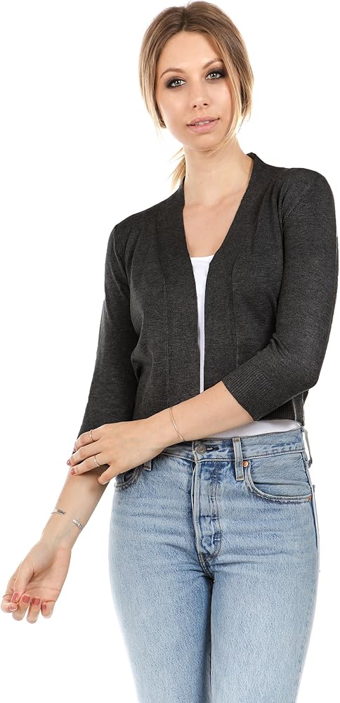 Cielo Women's Soft Solid Colored Open Front 3/4 Sleeve Cardigan Charcoal Large