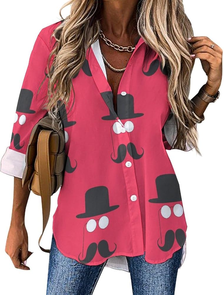 Mustache and Bowler Hat Over Classic Shirts for Women Long Sleeve Blouse Casual V Neck Tee Tops Work Office