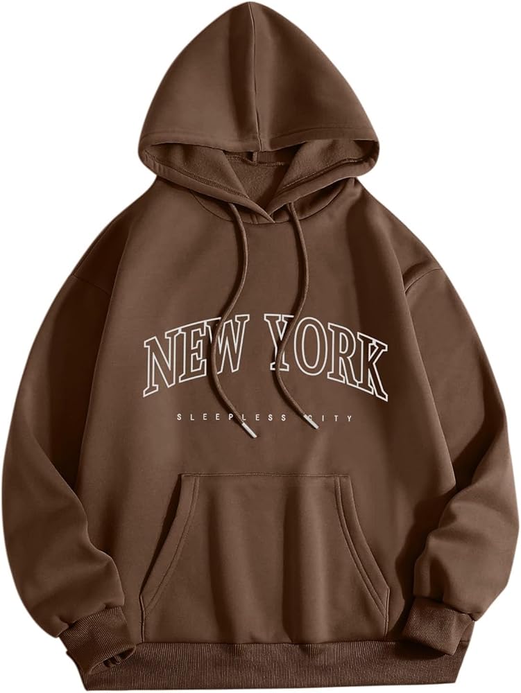 New York Hoodie Women Graphic Pullover Long Sleeve Comfy Casual Hooded Sweatshirts Pocket Fall Clothes Teen Girls