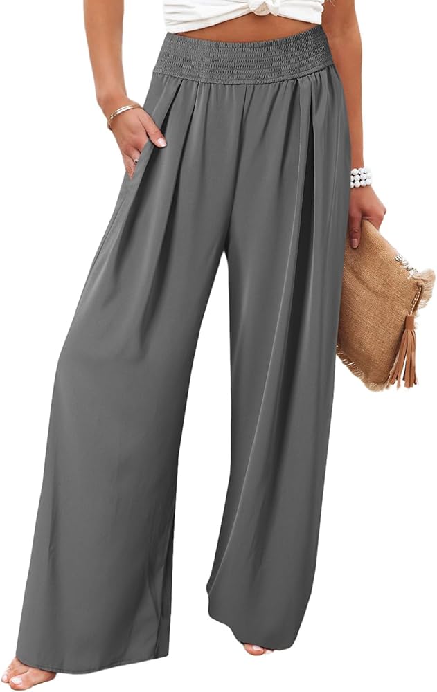 Eytino Plus Size Pants for Women Loose Casual Smocked High Waisted Wide Leg Lounge Palazzo Pants,4X Gray