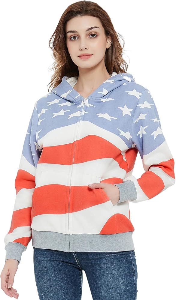 Anna-Kaci Womens Fashion American Patriotic USA Flag Zipper Up Rib Hoodie Jacket