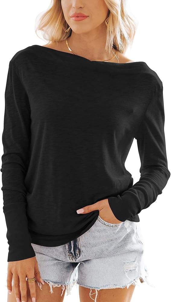 Womens Casual Long Sleeve Shirts Boat Neck Plain Tops Pullover Off The Shoulder Tee Shirt Blouse