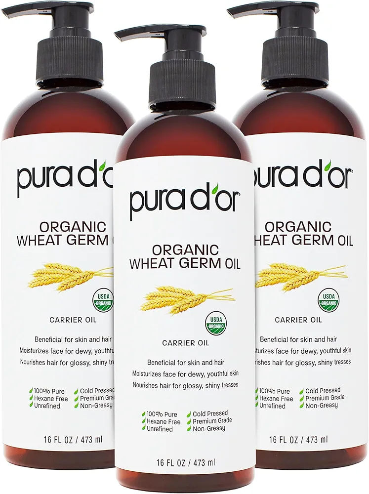 PURA D'OR ORGANIC Wheat Germ Oil (16 Oz x3 = 48 Oz) 100% Pure & Natural USDA Certified Cold Pressed Carrier Oil - Vitamin E Rich, Moisturizing & Nourishing Anti-Aging Properties - Healthy Hair Growth