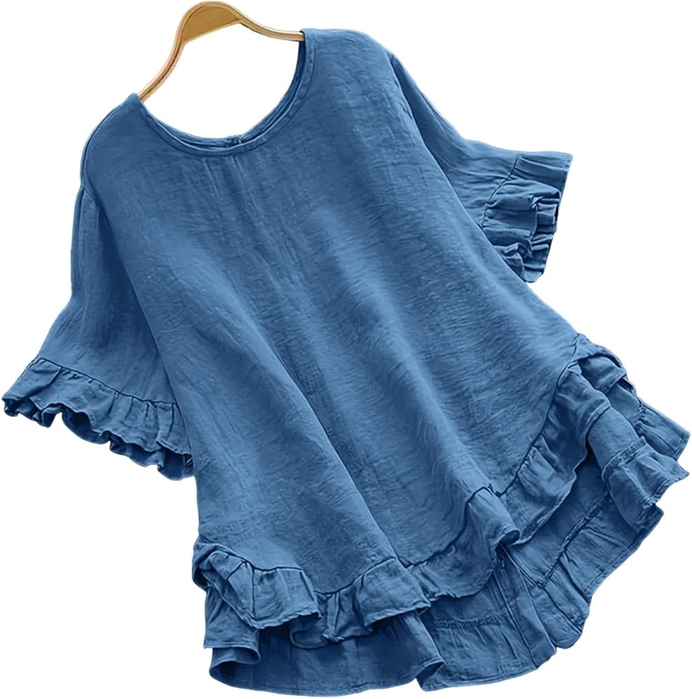 Women's Casual Ruffle Short Sleeve Blouses Cotton Linen Plus Size Tops Summer Loose Fit Fashion Ruffled Hem Shirts