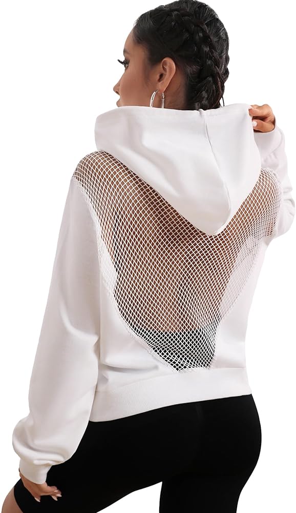 Verdusa Women's Fishnet Sheer Long Sleeve Drawstring Hoodie Sweatshirt Pullover Top