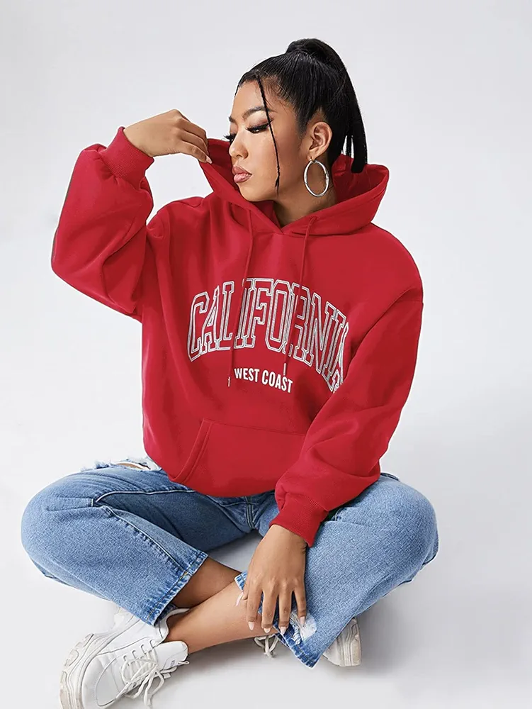 2022 Winter Women's Plus Size Sweatshirt Fashion Plus Letter Graphic Kangaroo Pocket Drawstring Hoodie Work Casual Fashion Comfortable Warm (Color : Red, Size : X-Large)