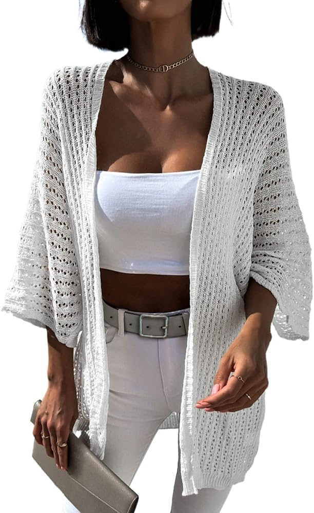 Dokotoo Lightweight Summer Cardigan for Women 2024 Spring Hollow-Out Knit Kimono Netted Crochet Knit Cardigans Sweaters