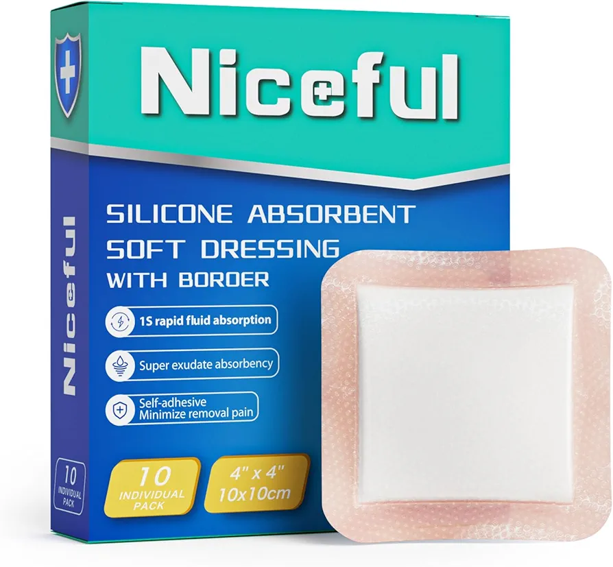 Silicone Super Absorbent Wound Dressing-4"× 4" Self-Adhesive Bandages for Wound Care, FSA HSA Eligible, Ultra Soft Wound Pads for Bed Sores Leg Ulcers Burns, 10