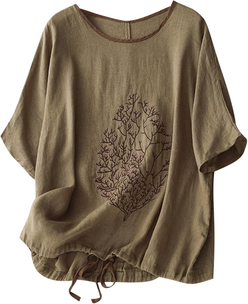 Women Short Sleeve Cotton Linen Tops Summer Crew Neck Embroidery T-Shirt Blouse Casual Loose Drawstring Hem Shirts