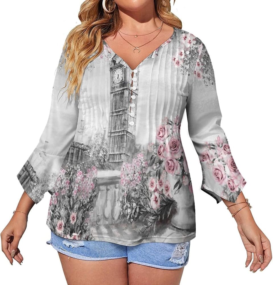 British Big Ben with Pink Flowers Cute Womens T-Shirts 3/4 Sleeve Button Down Tee Tops Blouse Summer Beach