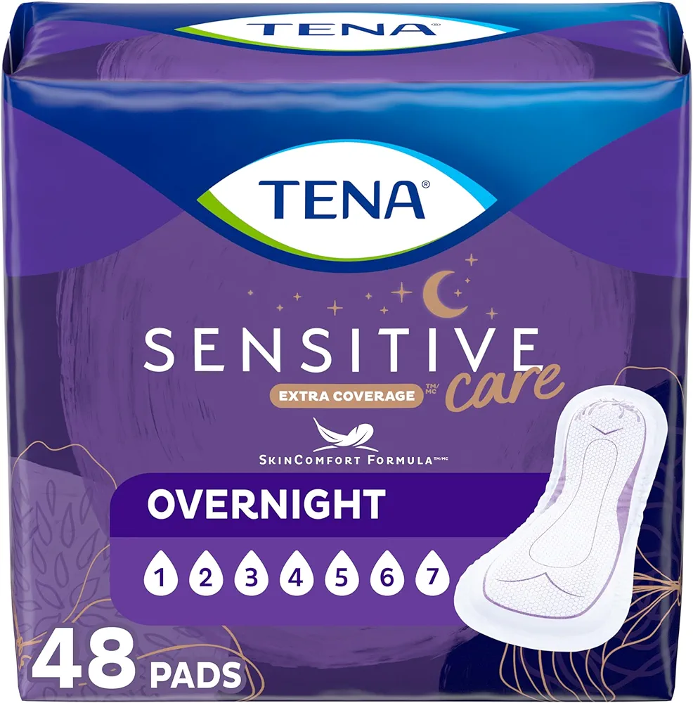 TENA Incontinence Pads, Bladder Control & Postpartum for Women, Overnight Absorbency, Sensitive Care, 48 Count