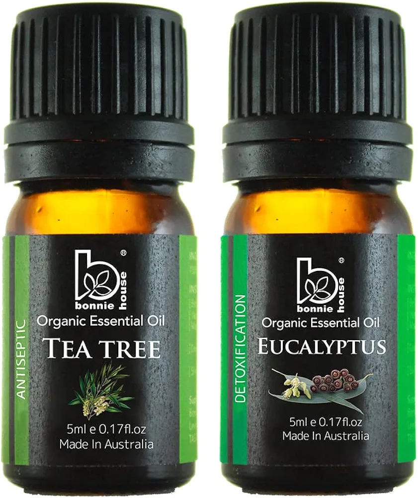 B BONNIE HOUSE Organic Tea Tree & Eucalyptus Essential Oil Gift Set for Aromatherapy, Diffuser, Massage, Skincare