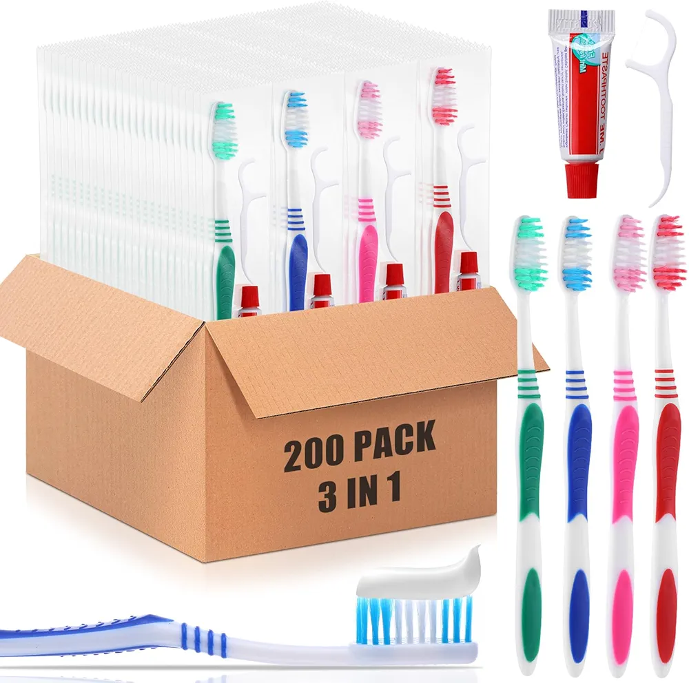 Yaomiao 200 Pack Disposable Toothbrushes with Toothpaste and Dental Floss Individually Wrapped Disposable Toothbrushes Bulk Travel Toothbrush Kit for Homeless Nursing Home Hotel Charity, 4 Colors