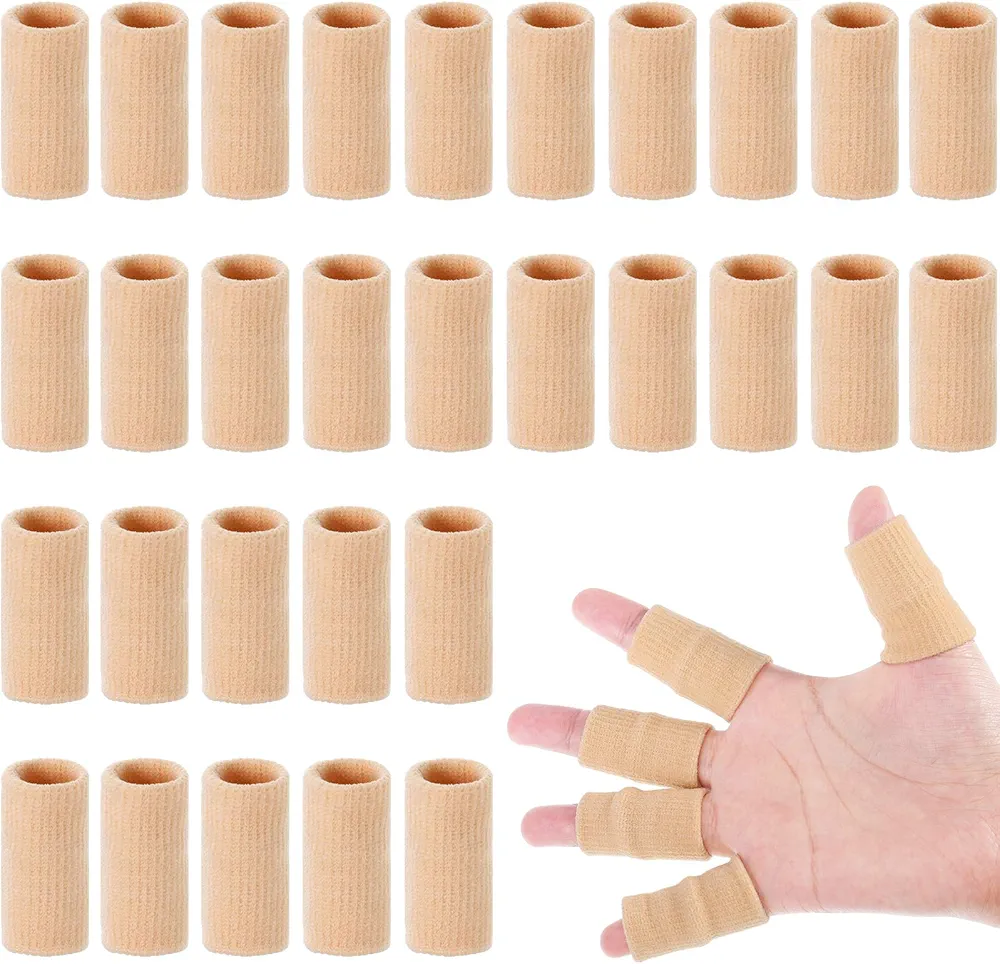 Skylety 30 Pieces Finger Sleeves with 1 Storage Bag, Thumb Splint Brace Support Protector Breathable Elastic Finger Tape for Pain Relief Arthritis Trigger Finger Sports Basketball Baseball (Beige)