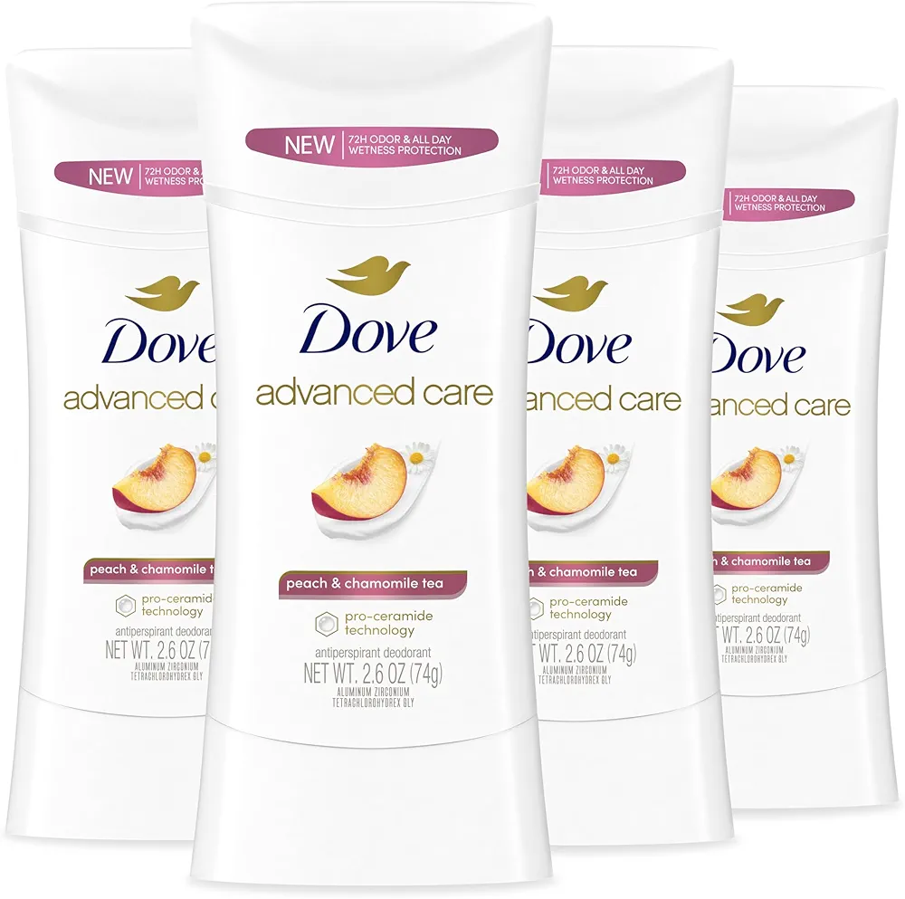 Dove Advanced Care Antiperspirant Deodorant Stick Peach & Chamomile Tea 4 Count for helping your skin barrier repair after shaving 72 hour odor control and all-day sweat protection 2.6 oz